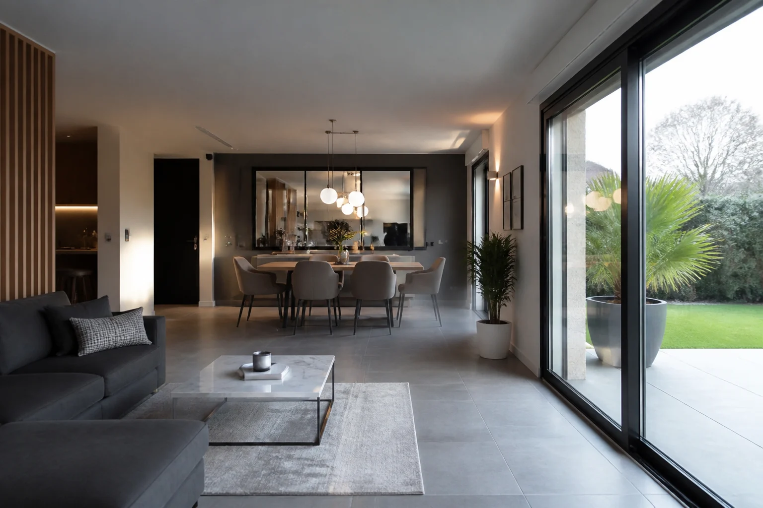 Intérieur contemporain rénové ouvert sur le jardin