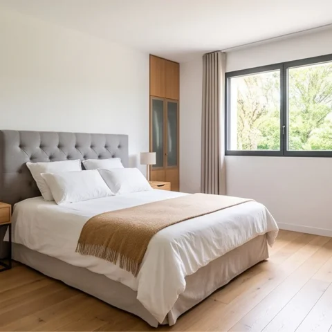 Chambre avec tête de lit capitonnée et peintures neuves