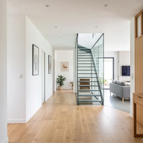 Entrée et escalier après rénovation complète, murs clairs et parquet