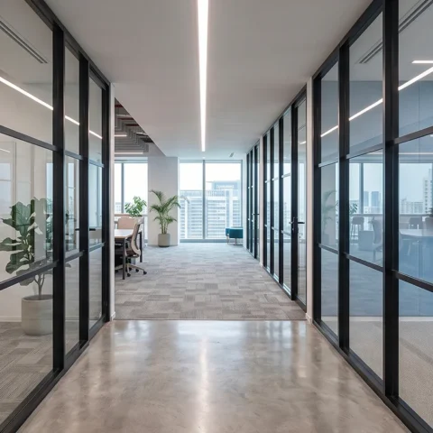 Couloir de bureaux avec cloisons vitrées et sol souple