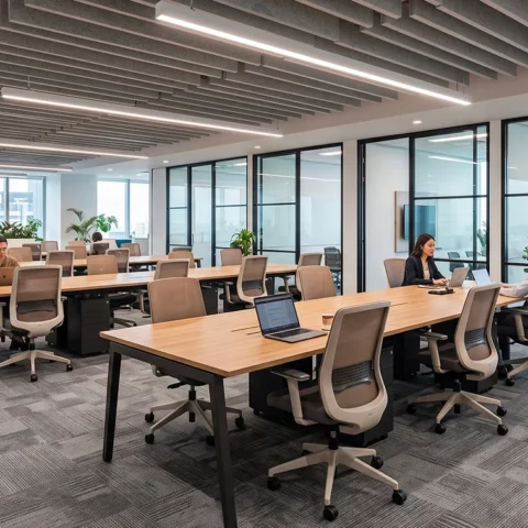 Open space avec postes de travail et cloisons vitrées