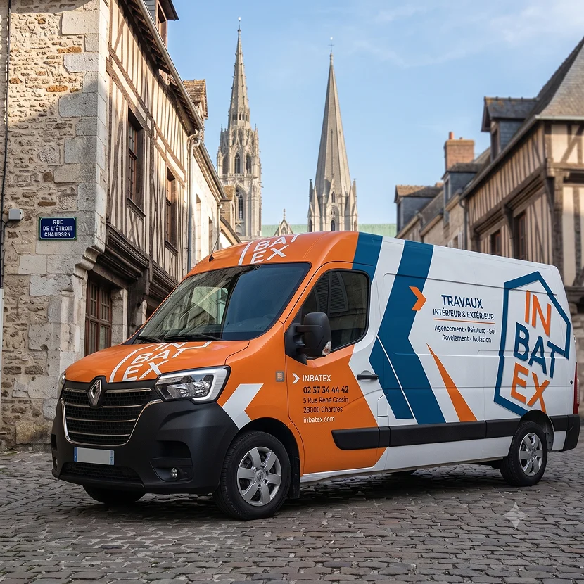 Camion Inbatex floqué garé devant un bâtiment en pierre