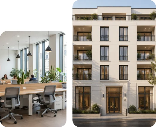 Bureaux aménagés et façade d'immeuble collectif