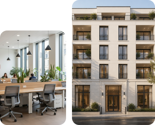 Bureaux aménagés et façade d'immeuble collectif