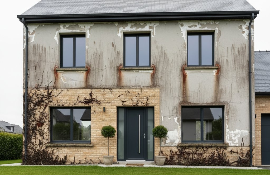 Façade d'un pavillon avant ravalement, enduit usé