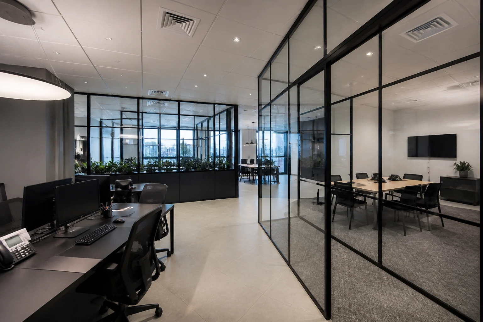 Plateau de bureaux avec cloisons vitrées noires et postes de travail