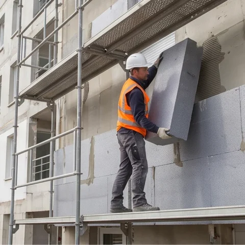 Ouvrier posant un panneau isolant sur la façade d'un immeuble