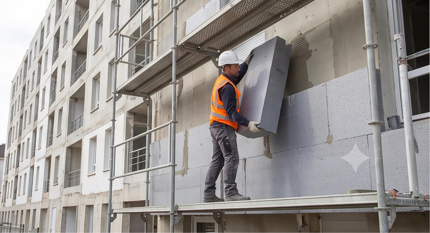 Ouvrier posant un panneau isolant sur la façade d'un immeuble