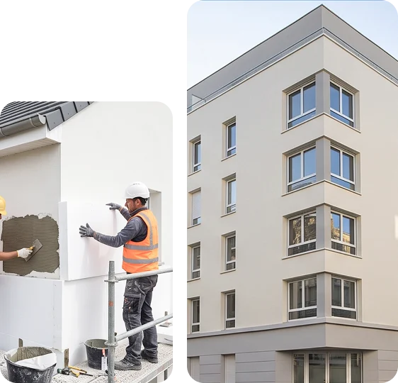Isolation par l'extérieur : application de l'enduit et façade d'immeuble terminée