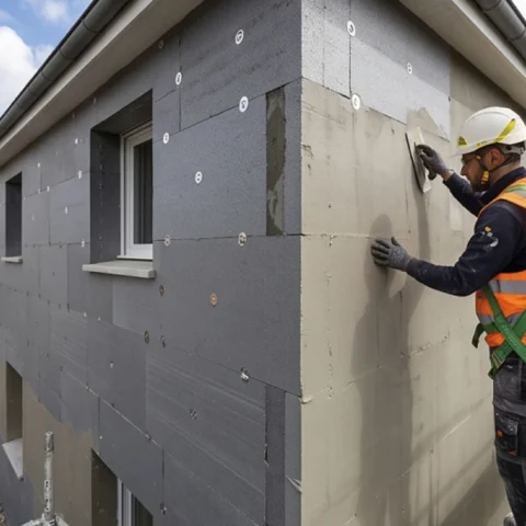 Ouvrier appliquant l'enduit sur l'isolant extérieur d'une maison
