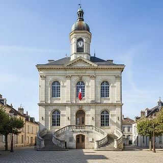 Façade d'un bâtiment public en pierre aux fenêtres cintrées