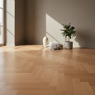 Intérieur de particulier après peinture, parquet clair et murs blancs
