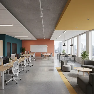 Salle de réunion d'entreprise avec mur d'accent orange