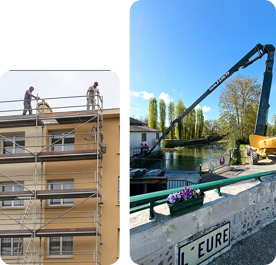 Ravalement de façade en cours : échafaudage monté et nacelle élévatrice