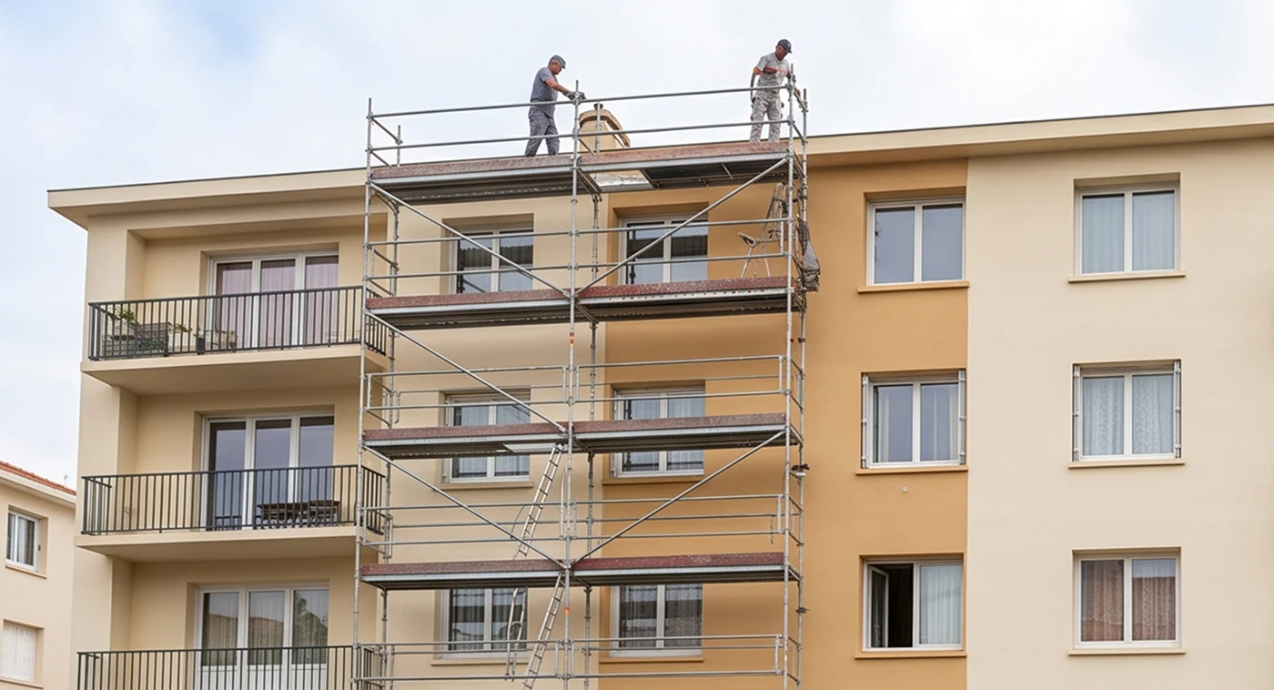 Immeuble sous échafaudage pendant le ravalement de sa façade