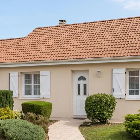 Façade de maison individuelle après ravalement, enduit clair et volets