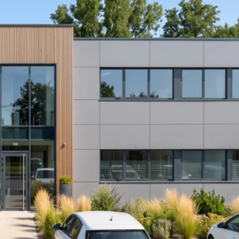 Bâtiment tertiaire avec bardage clair et habillage bois après ravalement