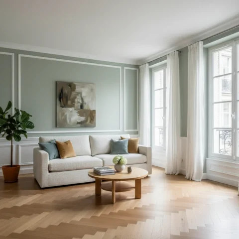 Séjour rénové aux murs clairs avec moulures et parquet