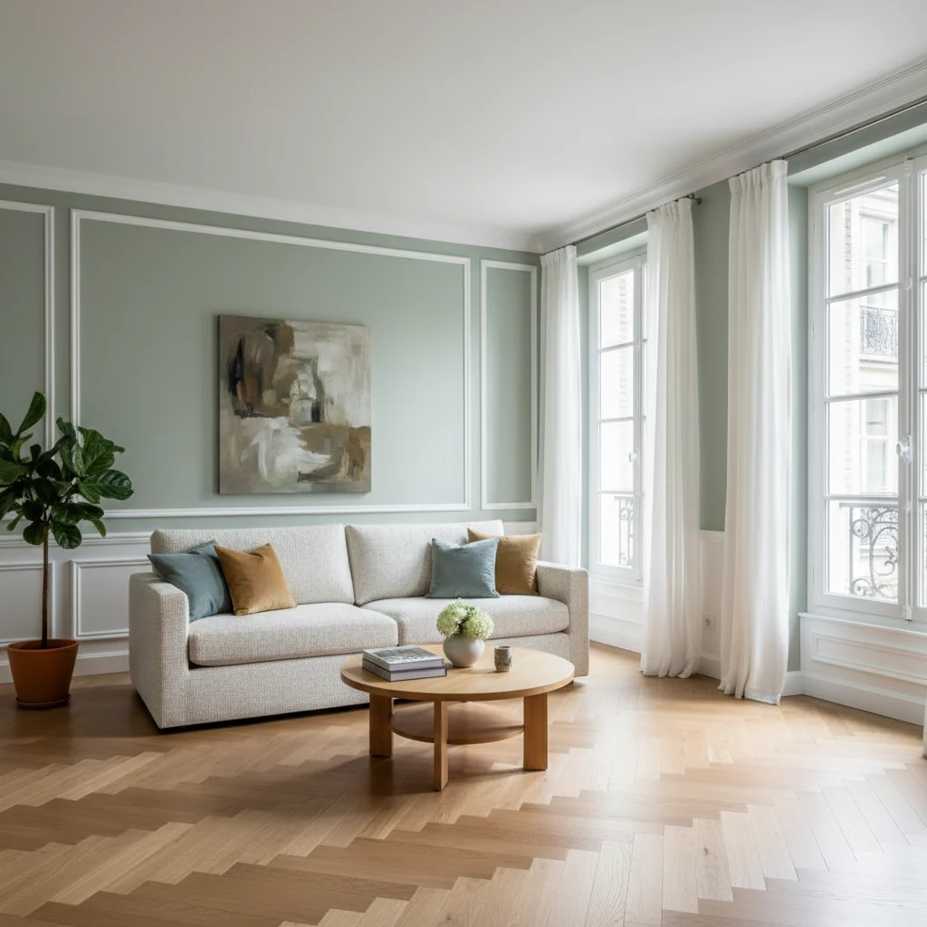 Séjour rénové aux murs clairs avec moulures et parquet