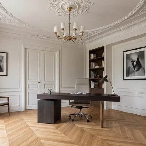 Séjour avec parquet massif, bibliothèque et moulures