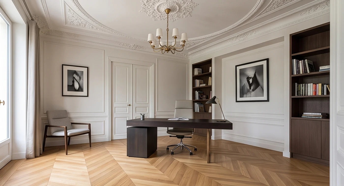 Séjour avec parquet massif, bibliothèque et moulures
